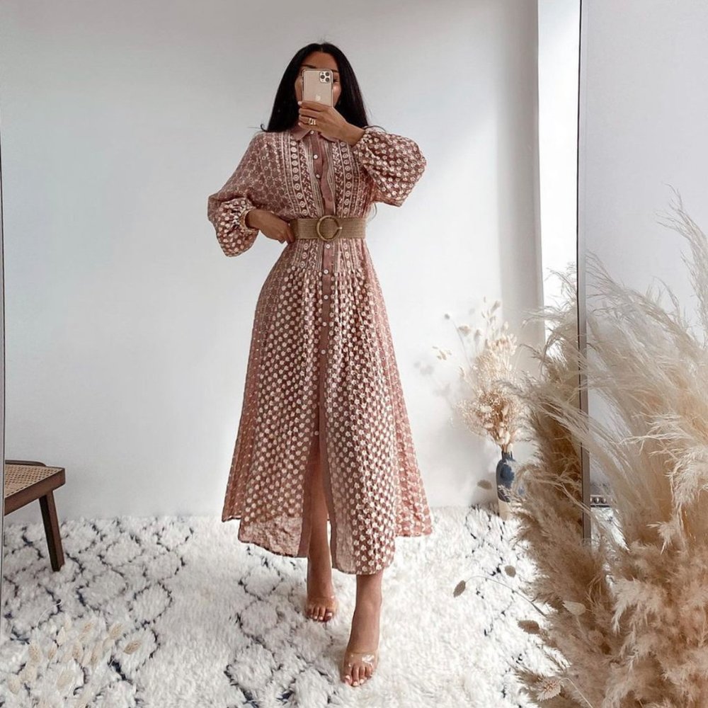 ZARA WOMAN NWT SS21 PINK MIDI EMBROIDERED DRESS
